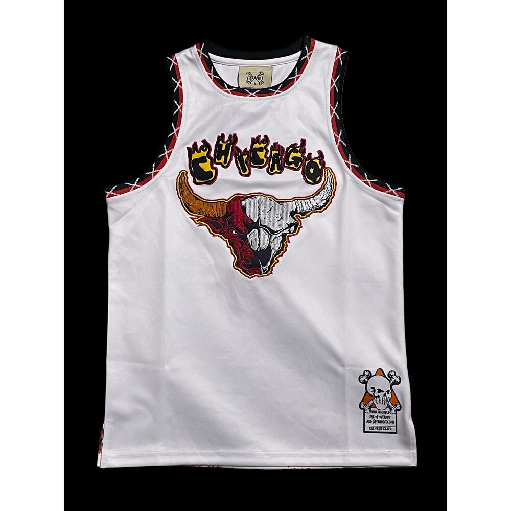 Brand X Chicago in Flames Bulls White Basketball Jersey Youth Medium